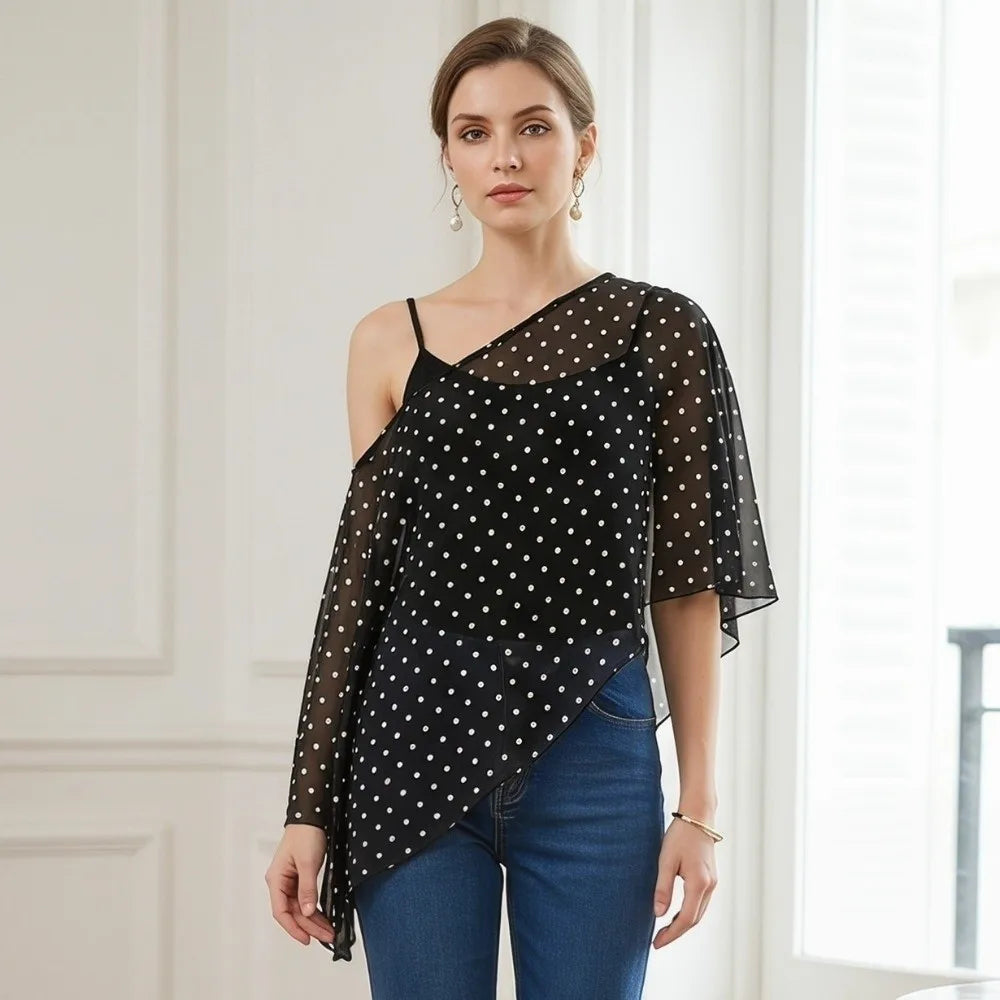 Sheer Polka Dot Cover-Up Blouse | Off Shoulder Loose Top Sheer Cover-Up Blouse Axl