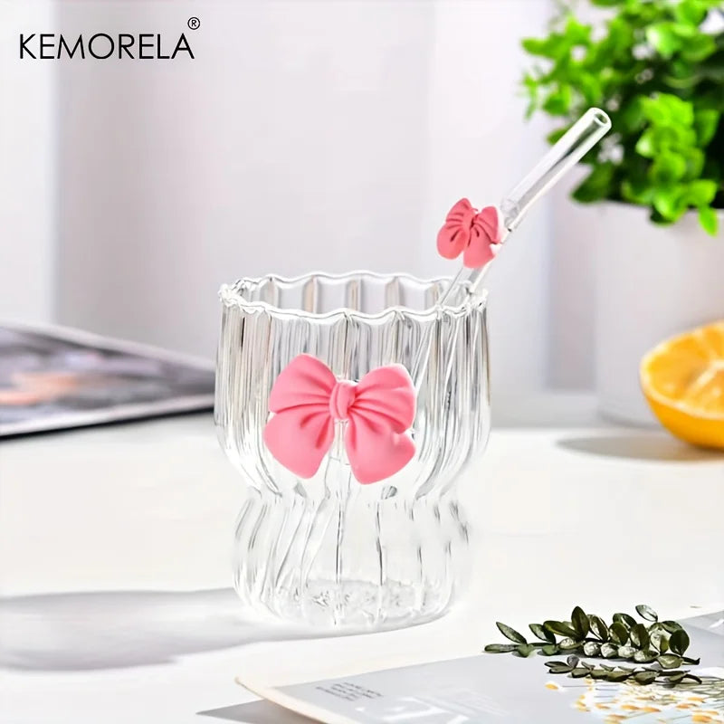 KEMORELA Bow Vintage Ripple Glass Cups 350ml – Set of 2/4/6 Glass Drinkware Set Axl
