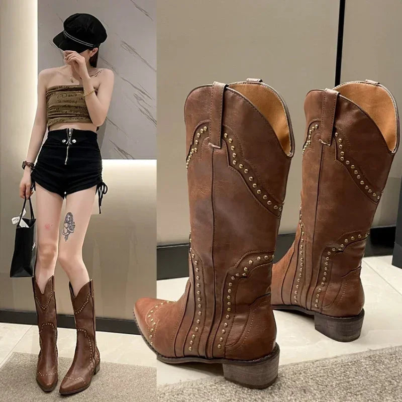 Women's Retro Rivet Mid-Calf Cowboy Boots | Slip-On Western Western Cowboy Boots Axl
