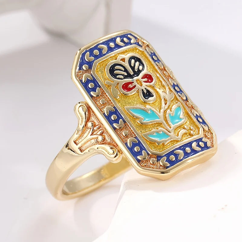 Huitan Gold Vintage Butterfly Floral Enamel Ring for Women Enamel Fashion Ring Axl