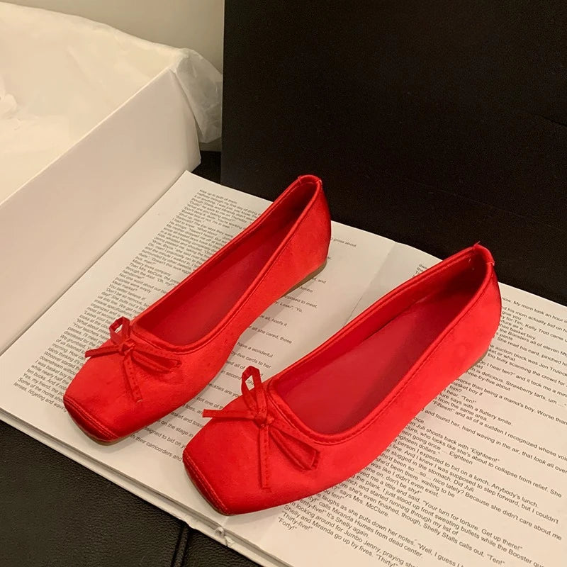 Women's Square Toe Ballet Flats – Bow Slip-On Dress Shoes Ballet Flats Axl Red 37