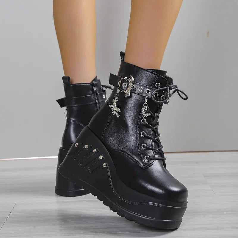 Women's Punk Goth Platform Wedge Ankle Boots | Lace-Up Platform Wedge Boots Axl