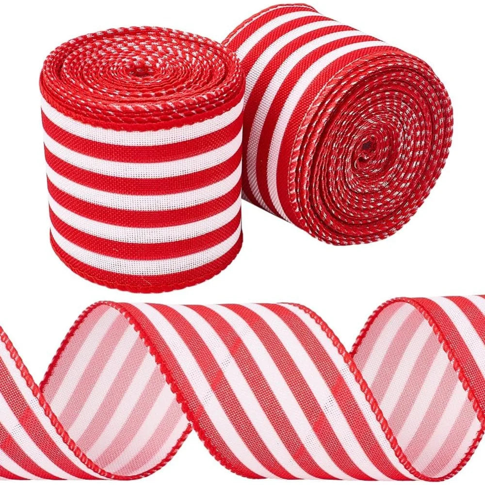 Red & White Striped Wired Ribbon 2" Wide – 10.94 Yards Total Decorative Craft Ribbon Axl