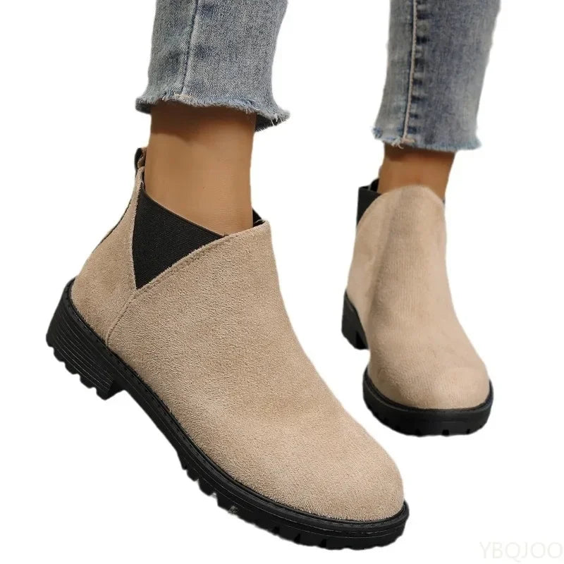 Women's Chunky Heel Suede Ankle Boots – Round Toe Slip-On Ankle Boots Axl