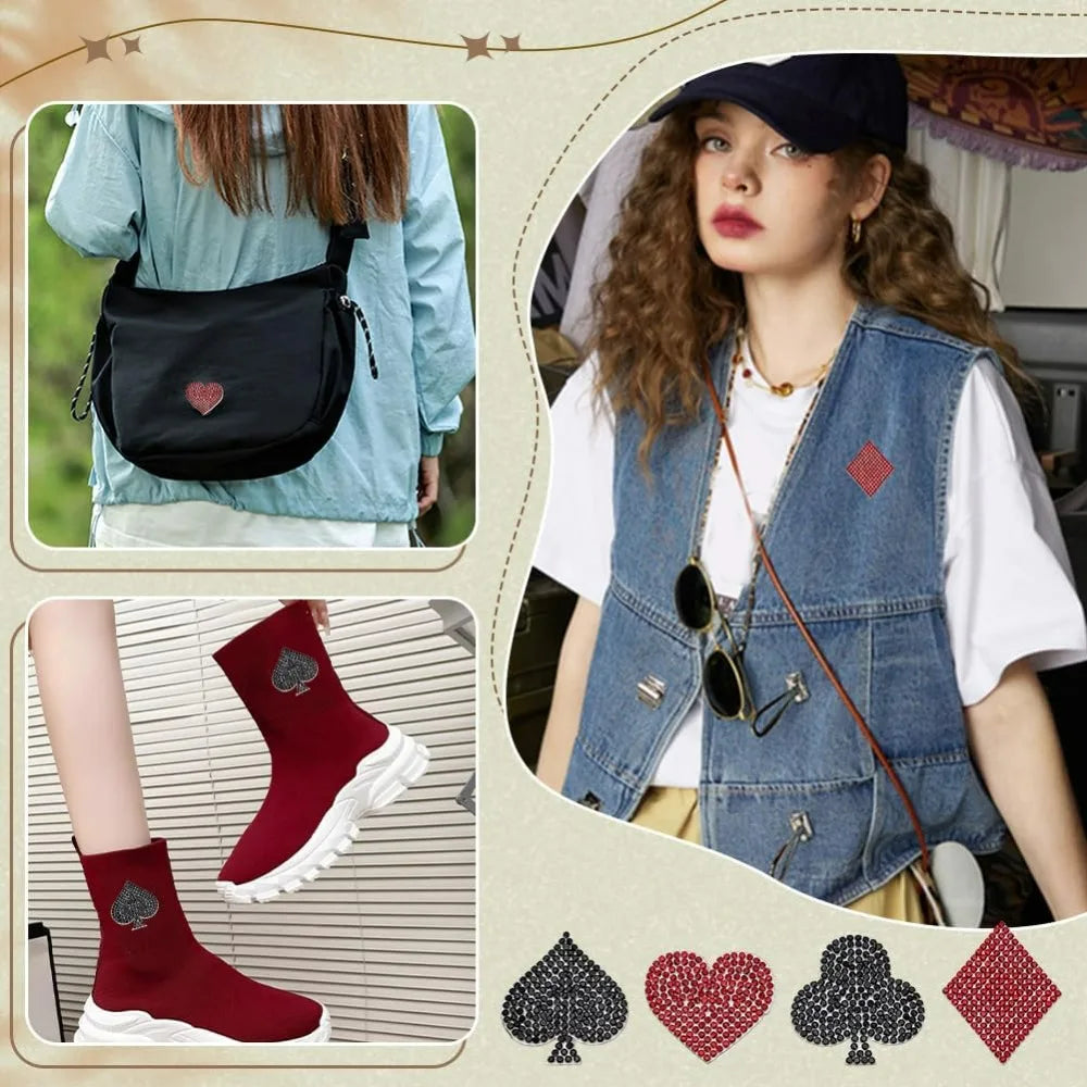 16 Pcs Playing Card Rhinestone Applique Patches – 4 Suit Designs Rhinestone Applique Patch Axl