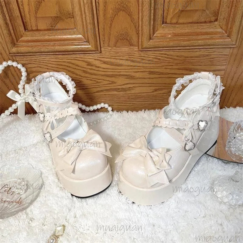 Women's Lace Bowknot Platform Mary Jane Shoes | Heart Buckle Platform Mary Janes Axl