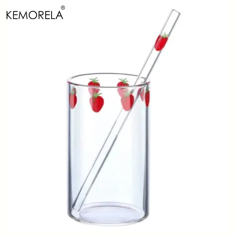 KEMORELA 300ml Cute Glass Cup – Strawberry Orange Design Glass Drinkware Cup Axl A 301-400ml
