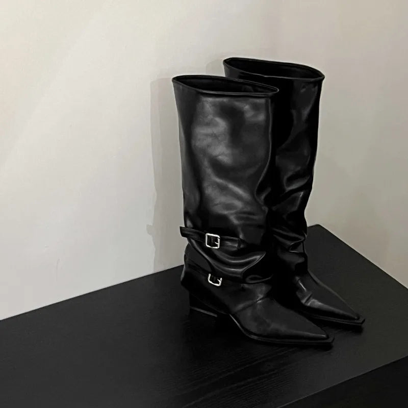 Women's Pointed Toe Block Heel Boots with Buckle Strap Women's Fashion Boots Axl