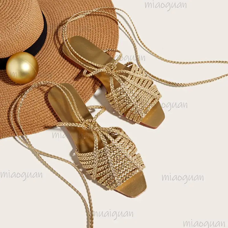 Women's Retro Cross-Tie Gladiator Flat Sandals – Gold Woven Gladiator Flat Sandals Axl