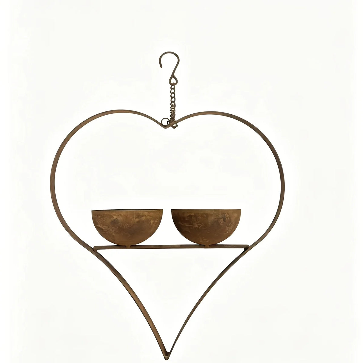 Rusty Metal Heart Double Bowl Bird Feeder – Vintage Garden Décor Bird Feeder Axl 1pc