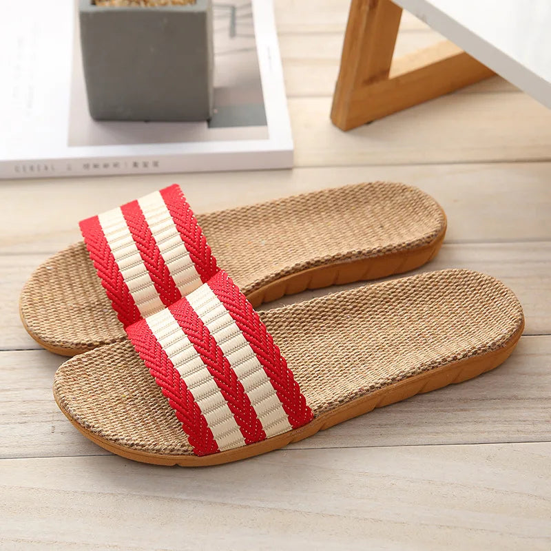 Striped Linen Slippers – Non-Slip EVA Breathable Indoor Sandals Linen Indoor Slippers Axl red 44-45