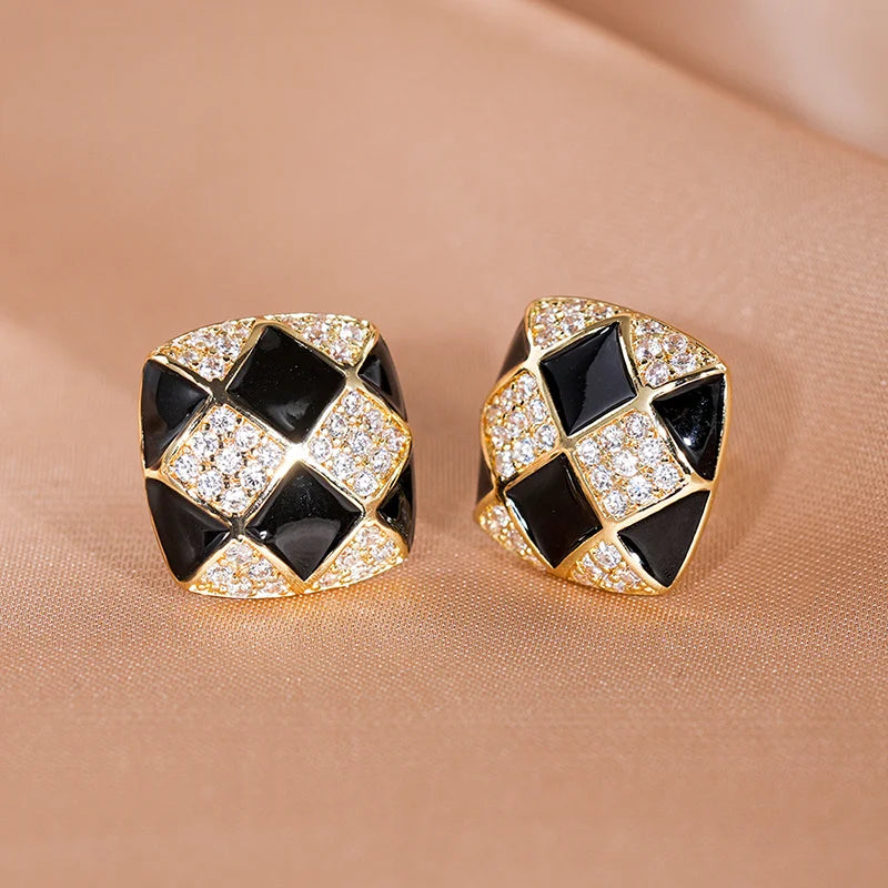 Huitan Gold Grid Stud Earrings – Geometric CZ Fashion Jewelry Stud Earrings Axl