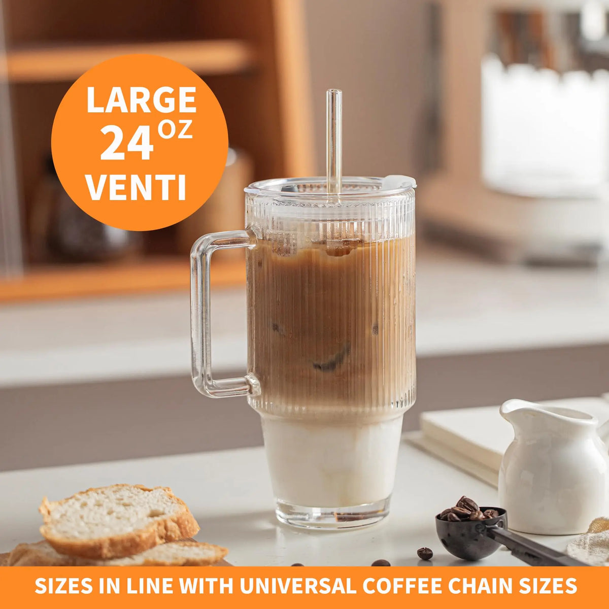 KEMORELA 700ml Striped Glass Cup with Lid, Straw & Handle Glass Drinking Cup Axl