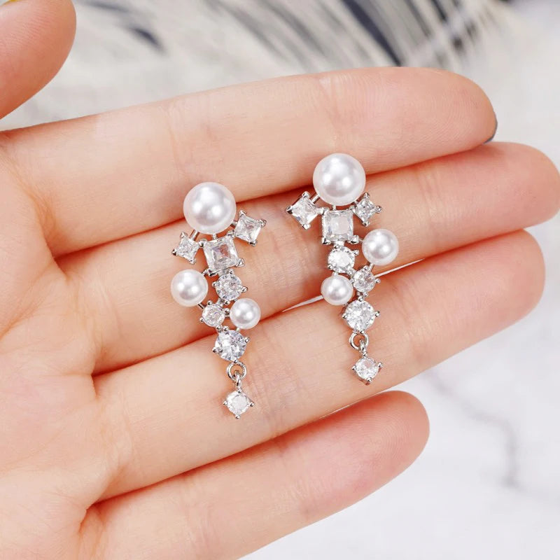 Huitan Pearl & CZ Drop Earrings – Elegant Women's Jewelry Drop Earrings Axl