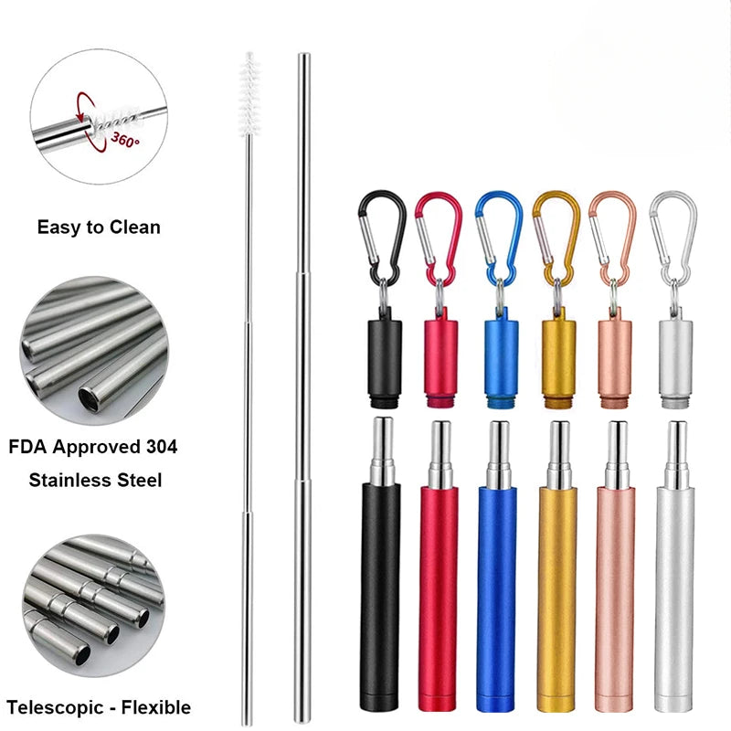 Collapsible Stainless Steel Travel Straw Set – Case & Brush Reusable Drinking Straw Axl