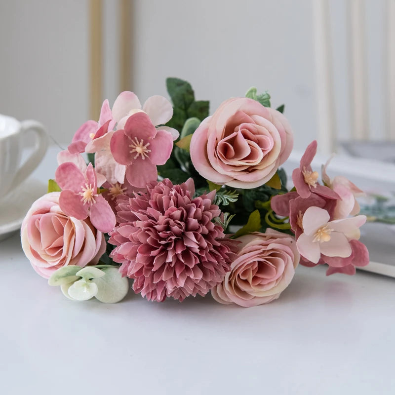 Artificial Silk Rose & Chrysanthemum Bouquet | Wedding Decor Artificial Flower Bouquet Axl Deep Pink 1pc