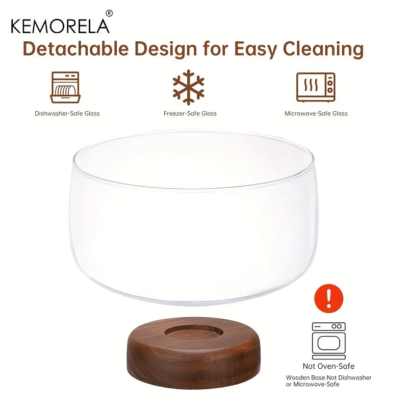 KEMORELA Large Glass Cake Bowl & Wooden Stand | Serving Tray Glass Cake Stand Axl