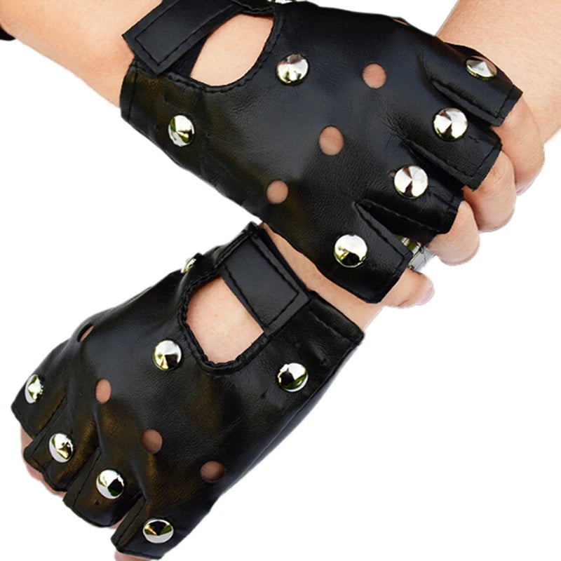Black Leather Fingerless Gloves – Rivet Stud Half Finger Fingerless Fashion Gloves Axl