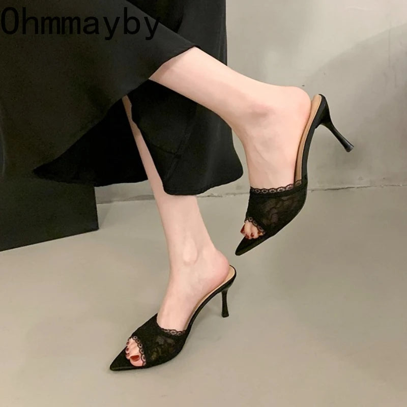 Women's Lace High Heel Mules – Open Toe Slip-On Party Slides High Heel Mules Axl