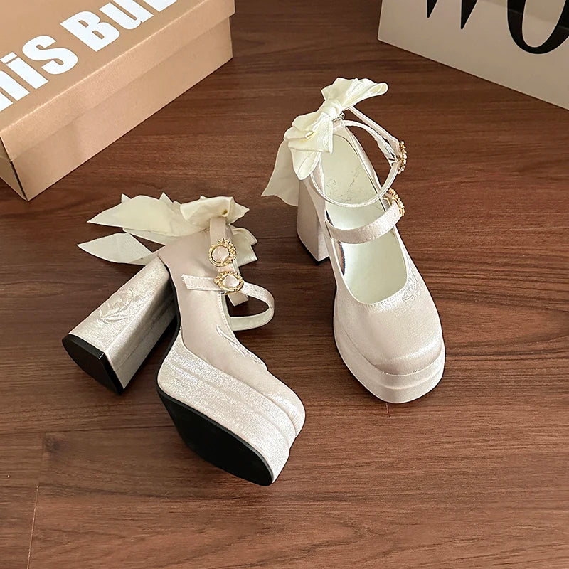 Women's Platform Mary Jane Pumps – Butterfly-Knot Heels Platform Mary Jane Pumps Axl champagne 41