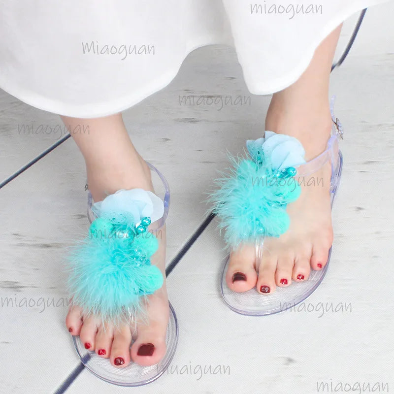 Women's Crystal Jelly Sandals – Bead Flower Clip-Toe Flats Jelly Flat Sandals Axl