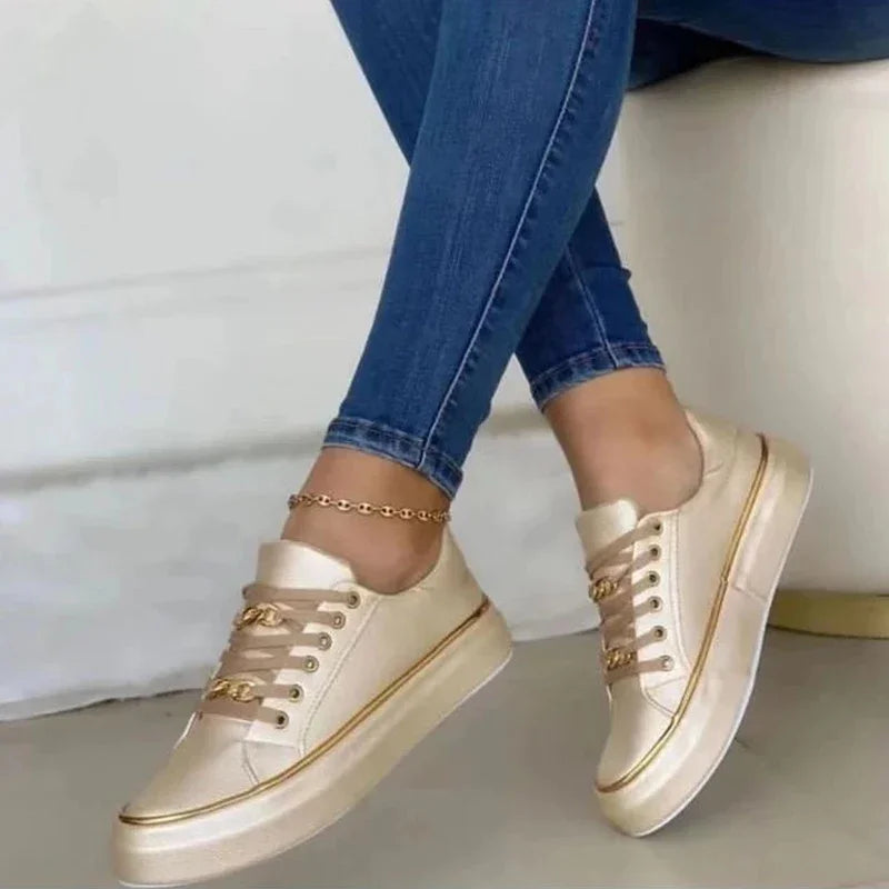 Women's Chain Platform Sneakers – Lace-Up Leather Walking Shoes Platform Sneakers Axl