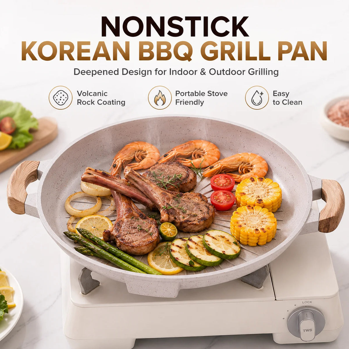 Korean BBQ Grill Pan 33cm Nonstick Volcanic Rock Skillet Grill Pan Axl