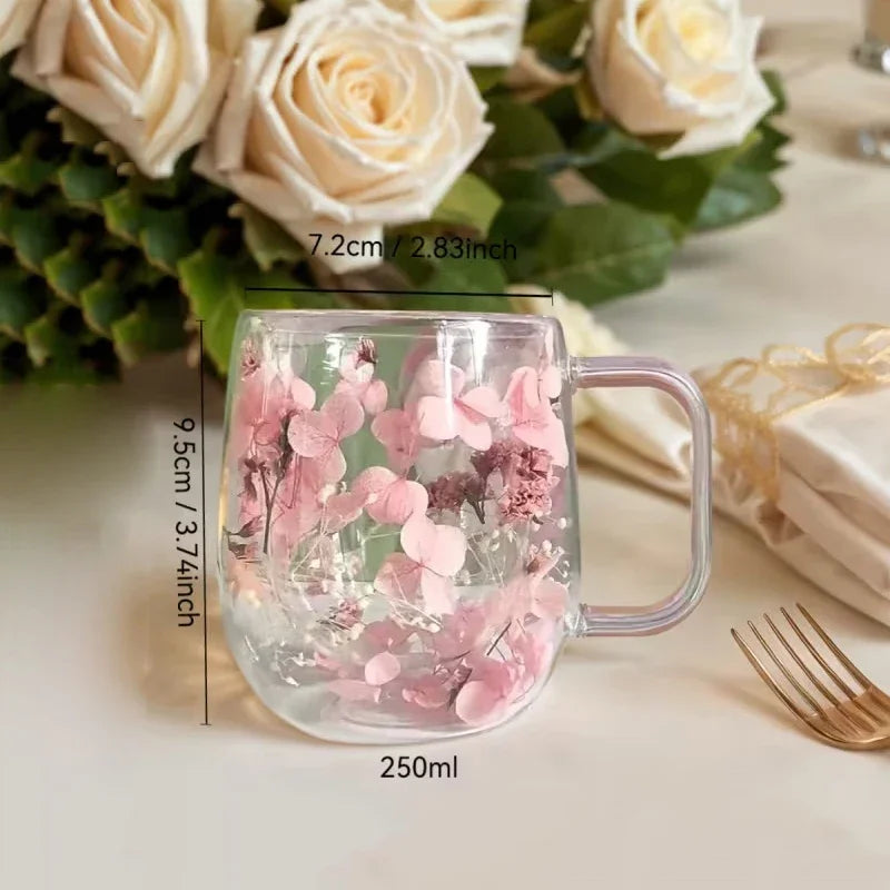 Double-Walled Glass Coffee Mug with Real Flower Design Glass Coffee Mug Axl