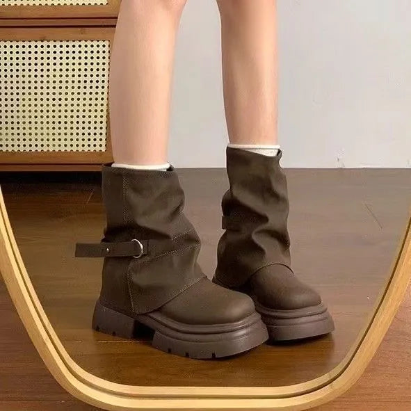 YBQJOO Women's Vintage Platform Block Heel Ankle Boots Platform Ankle Boots Axl Khaki 38
