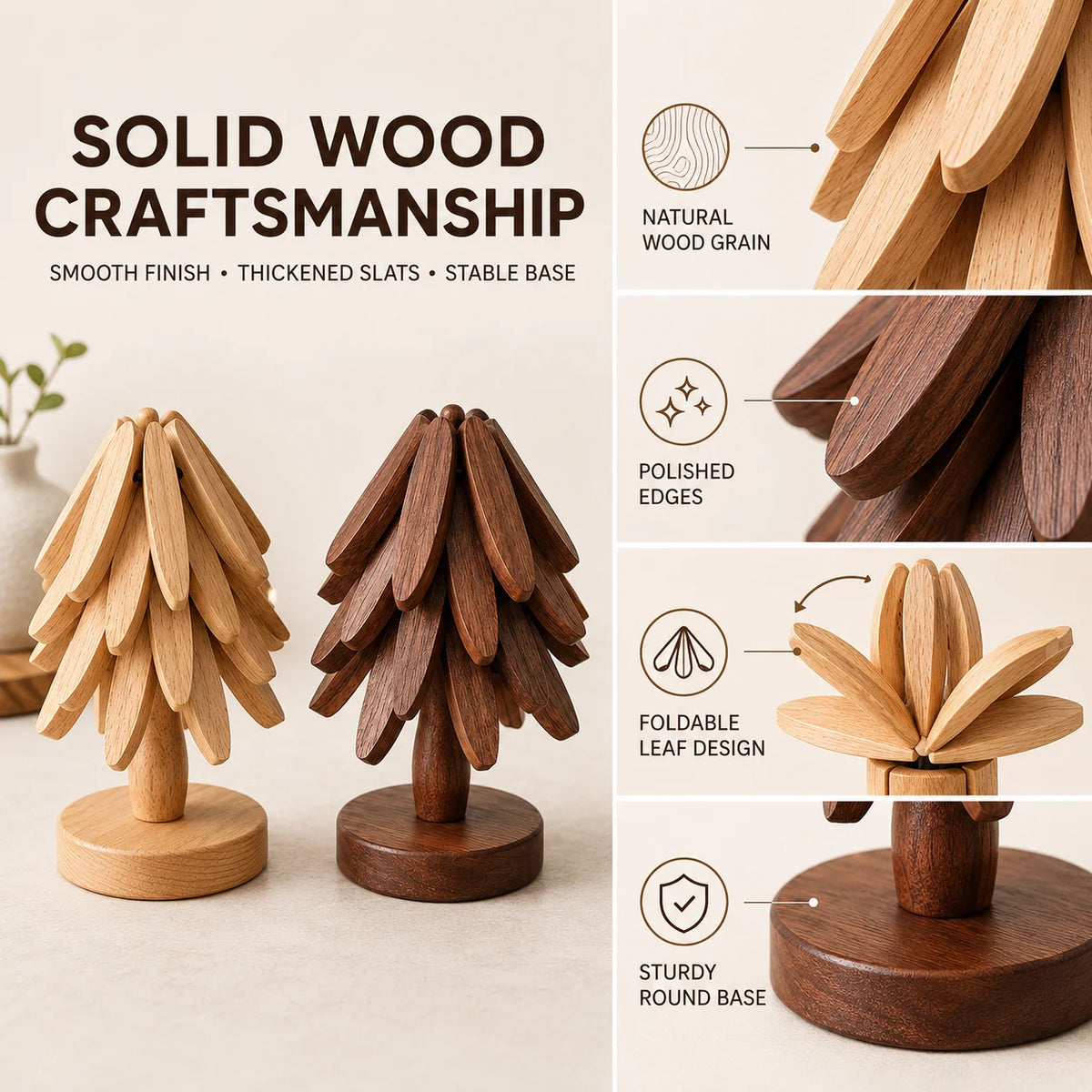 Uwhise Wooden Tree Trivet Set – Foldable Heat-Resistant Mat 3/5 Pc Wooden Trivet Set Axl