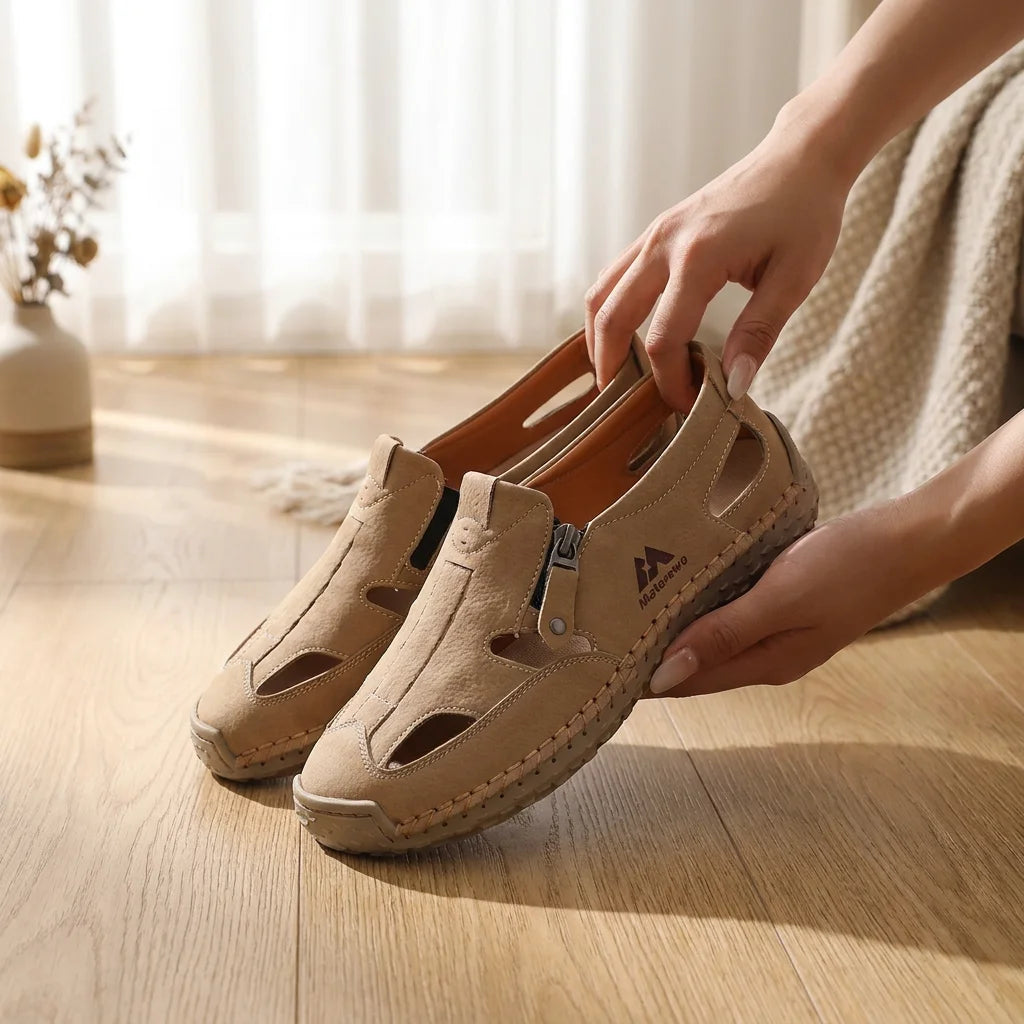 ZULIWAGN Women's Leather Roman Sandals | Thick Sole Extra Wide Leather Roman Sandals Axl 39 Beige