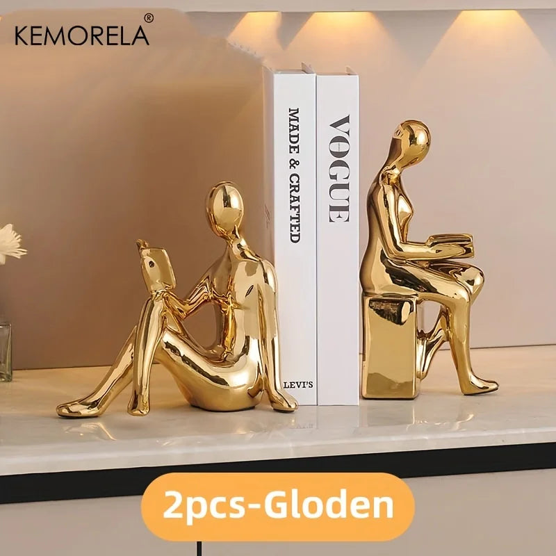 KEMORELA Ceramic Reading Figure Statues Set of 2 | Home Decor Decorative Figurine Set Axl 2PCS-Gloden