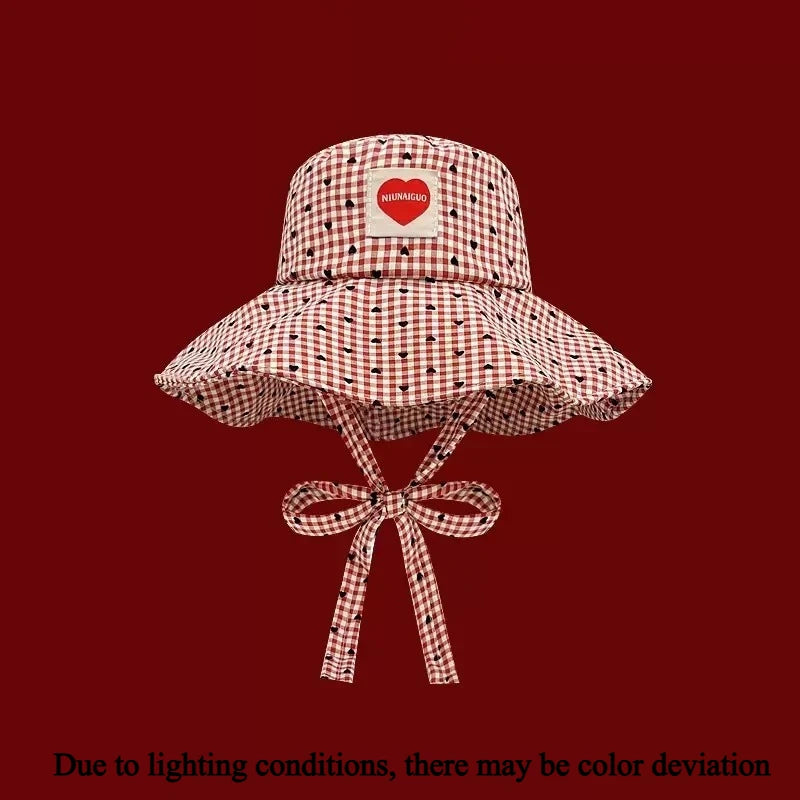 Women's Wide Brim Sun Hat – UV Plaid Beach Hat & Chin Strap Wide Brim Sun Hat Axl 02-red-1pcs