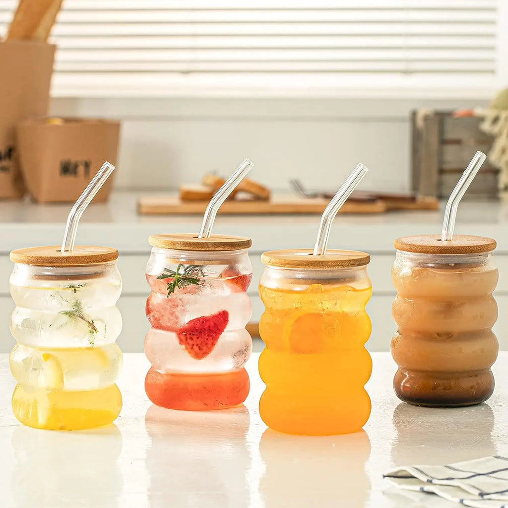 4-Pack 480ml Ribbed Ripple Glass Cups with Lids & Straws Drinking Glass Set Axl