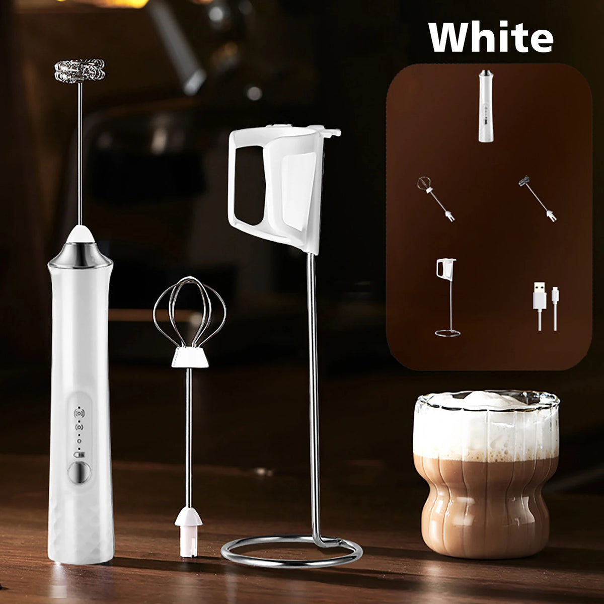 ONEKA Rechargeable Handheld Milk Frother – Electric Foam Maker Milk Frother Axl White 2 Whisk