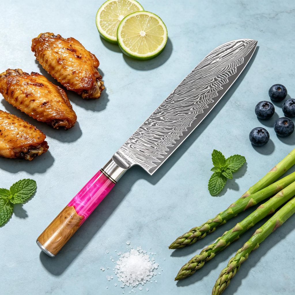 Damascus Steel Santoku Knife – Sharp 17.7cm Kitchen Blade Santoku Kitchen Knife Axl