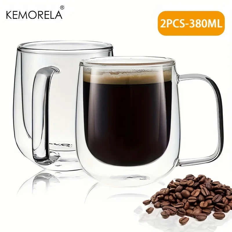 KEMORELA Double Wall Glass Coffee Cup with Handle | Heat Resistant Glass Coffee Mug Axl 2PCS 380ML 250-380ml