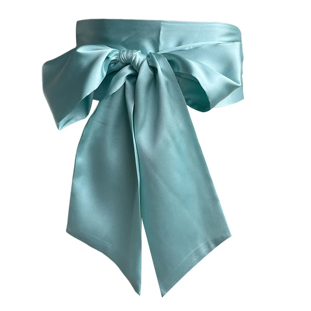 Women's Satin Bow Waist Belt – Wide Cummerbund Ribbon Strap Satin Waist Belt Axl Light Blue