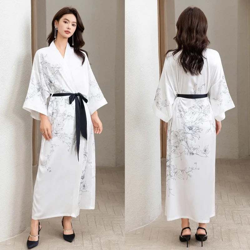 Women's Floral Satin Kimono Robe – Lace-Up Silk Bathrobe Satin Kimono Robe Axl 02 One Size
