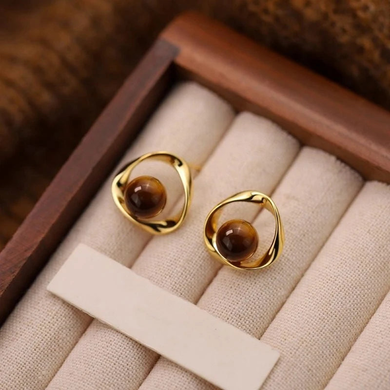 Huitan Tiger Eye Stud Earrings – Geometric Women's Jewelry Stud Earrings Axl