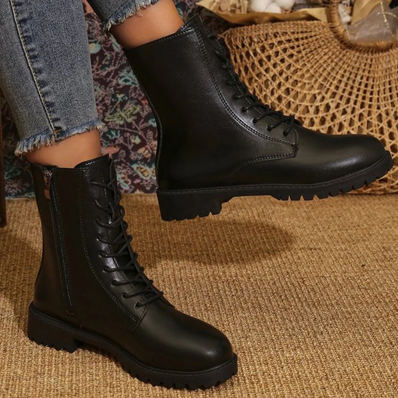 Women's British Zip Ankle Boots – PU Leather, Round Toe Booties Ankle Boots Axl