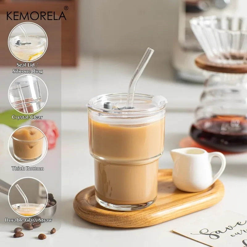 KEMORELA 380ml Glass Tumblers with Lid & Straw | Hot & Cold Glass Tumbler Set Axl