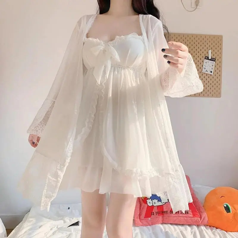 Women's Lace Bow Mesh Nightgown & Robe Set – White Sleepwear Nightgown Robe Set Axl