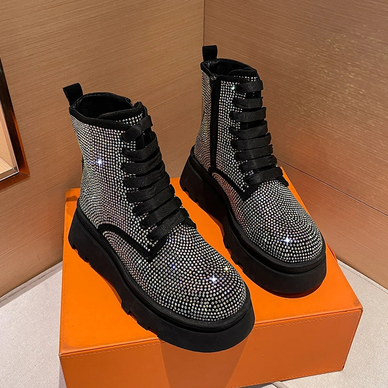 Women's Rhinestone Crystal Platform Ankle Boots | Winter Bling Platform Ankle Boots Axl