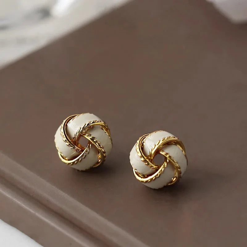 Huitan White Enamel Knot Stud Earrings – Gold Tone Women's Gift Stud Earrings Axl