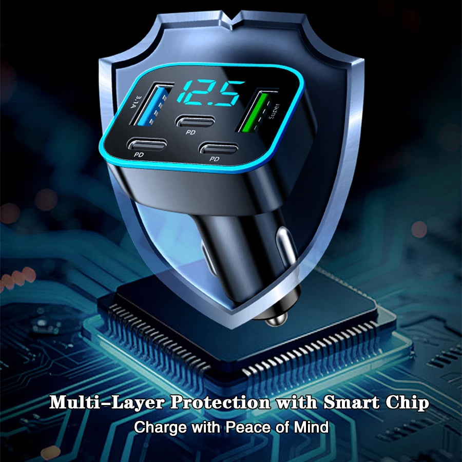 5-Port Fast Car Charger – 3x USB-C PD, 2x USB, Digital Display Car Charger Axl