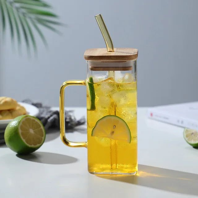 400ml Square Glass Mug with Lid & Straw | Microwave Safe Glass Mug Axl Yellow Handle 2 400ml
