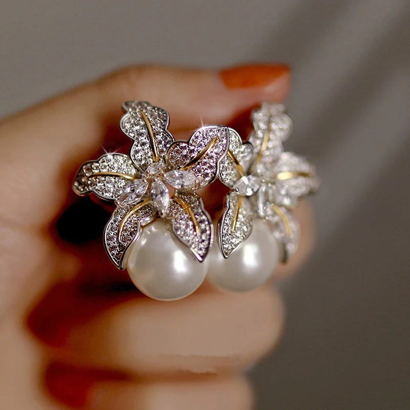 Huitan Two-Tone Flower Pearl Stud Earrings | Wedding Jewelry Pearl Stud Earrings Axl