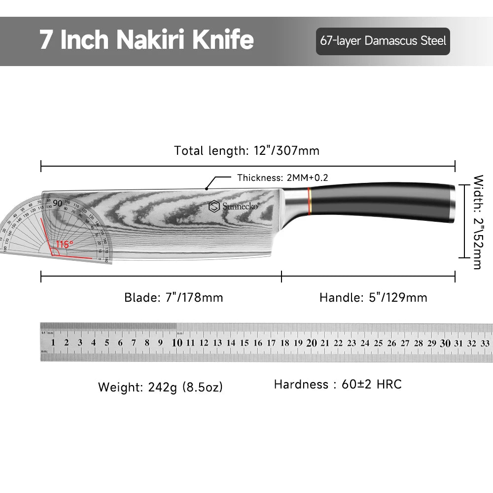 Sunnecko 7" Nakiri Knife – 67-Layer Damascus Steel VG10 Nakiri Kitchen Knife Axl
