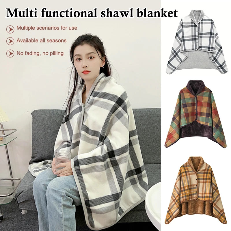 Wearable Plaid Fleece Blanket with Button | Warm Cozy Throw Wearable Fleece Blanket Axl